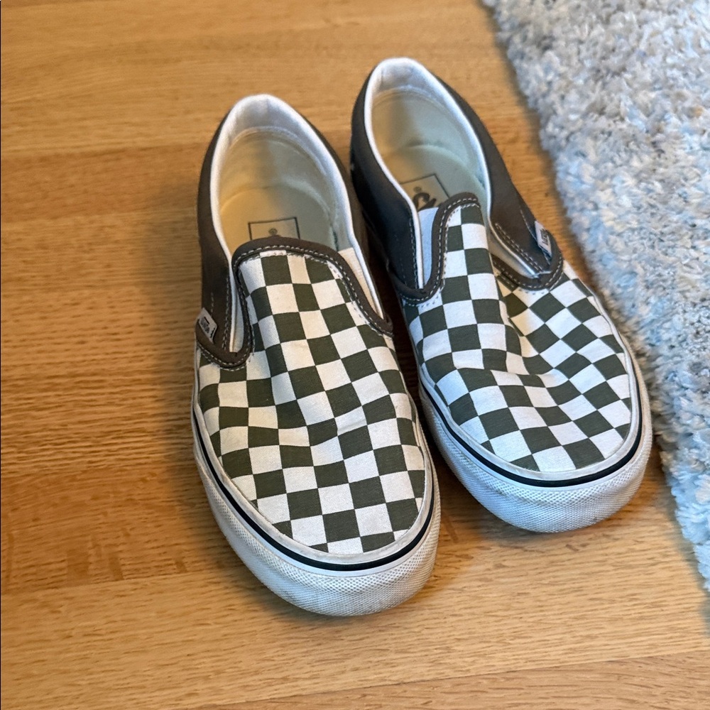 Vans Green and White Checkered Slip-On Sneakers